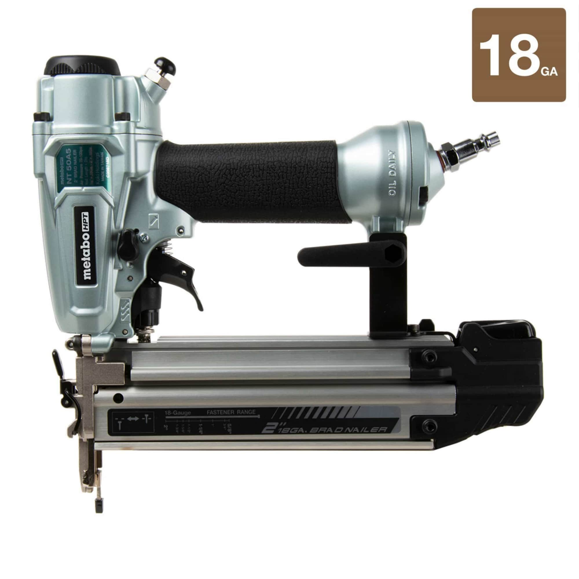 A side view of the Metabo HPT NT50A5 | 2 Inch 18 Gauge Pro Brad Nailer from Go Build, The Fastest Way To Build, shows its silver and black design with a textured grip and nail magazine; “18 GA” appears at the top right.